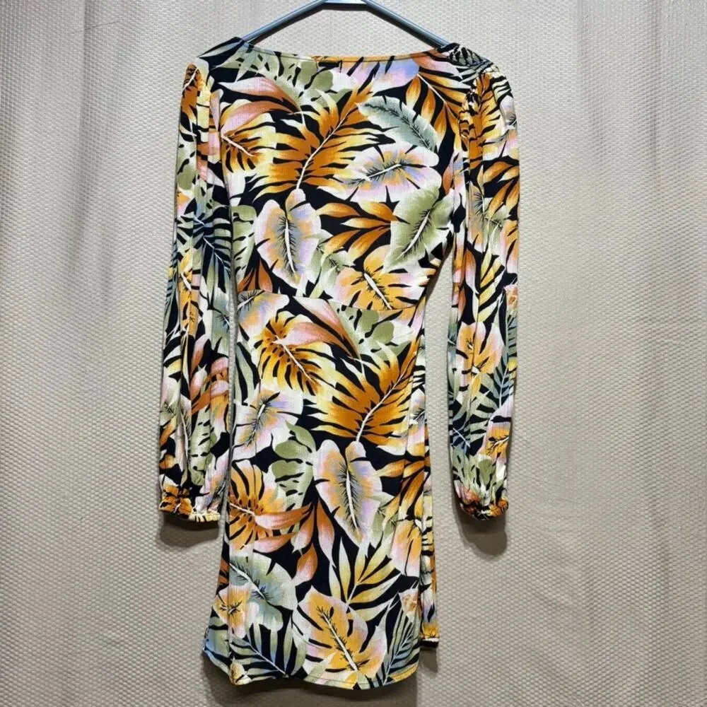 Billabong Tropical Palm Leaf Wrap Mini Dress Size Small Long Sleeve Tie Front - Picture 9 of 9